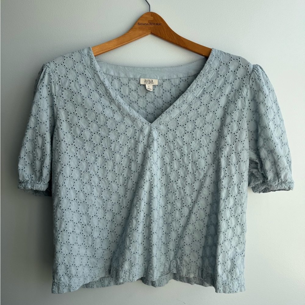 a.n.a Pale Blue Eyelet V-Neck Short Sleeve Top Cotton